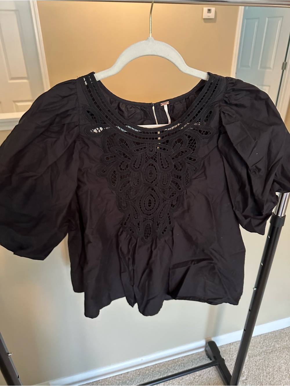 Black Embroidered Puff-Sleeve Women’s Top